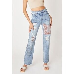Kancan Women's Patchwork Distressed Straight Leg Jeans Light Wash Size 5 26